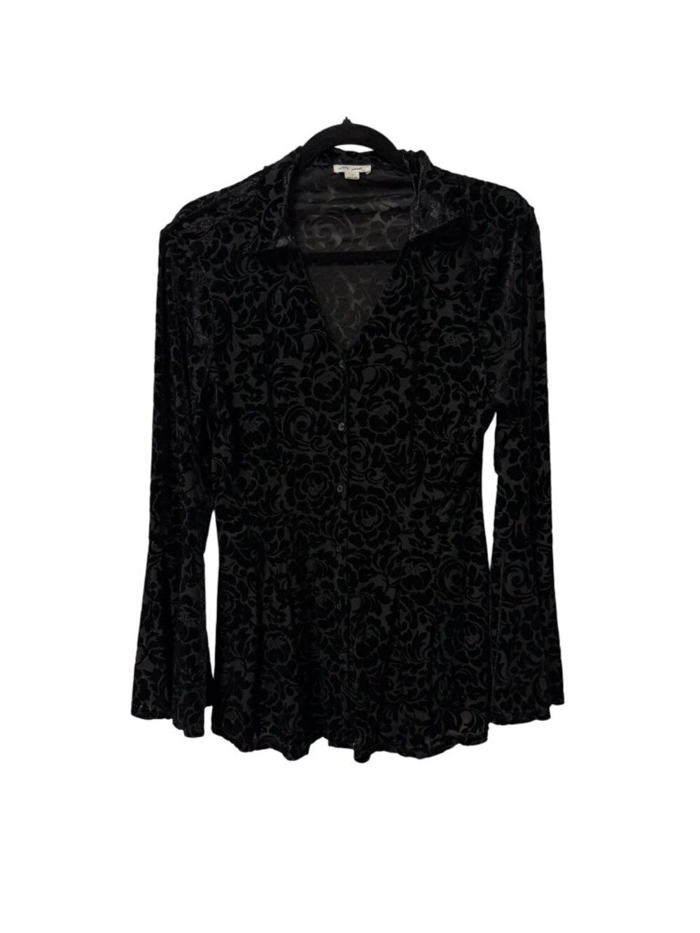 ULTRA PINK TOP BLACK VELVET BURNOUT BELL SLEEVES FLORAL SIZE M SEMI SHEER GOTH
